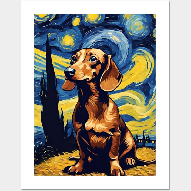 Cute Dachshund Dog Breed Painting in a Van Gogh Starry Night Art Style Wall Art by Art-Jiyuu